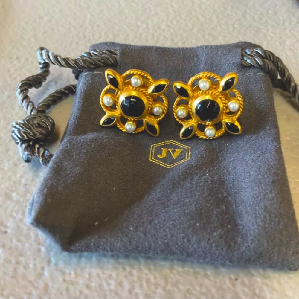 Julie Vos Monaco Stud Gold Obsidian Black and Pearl Accents with pouch!